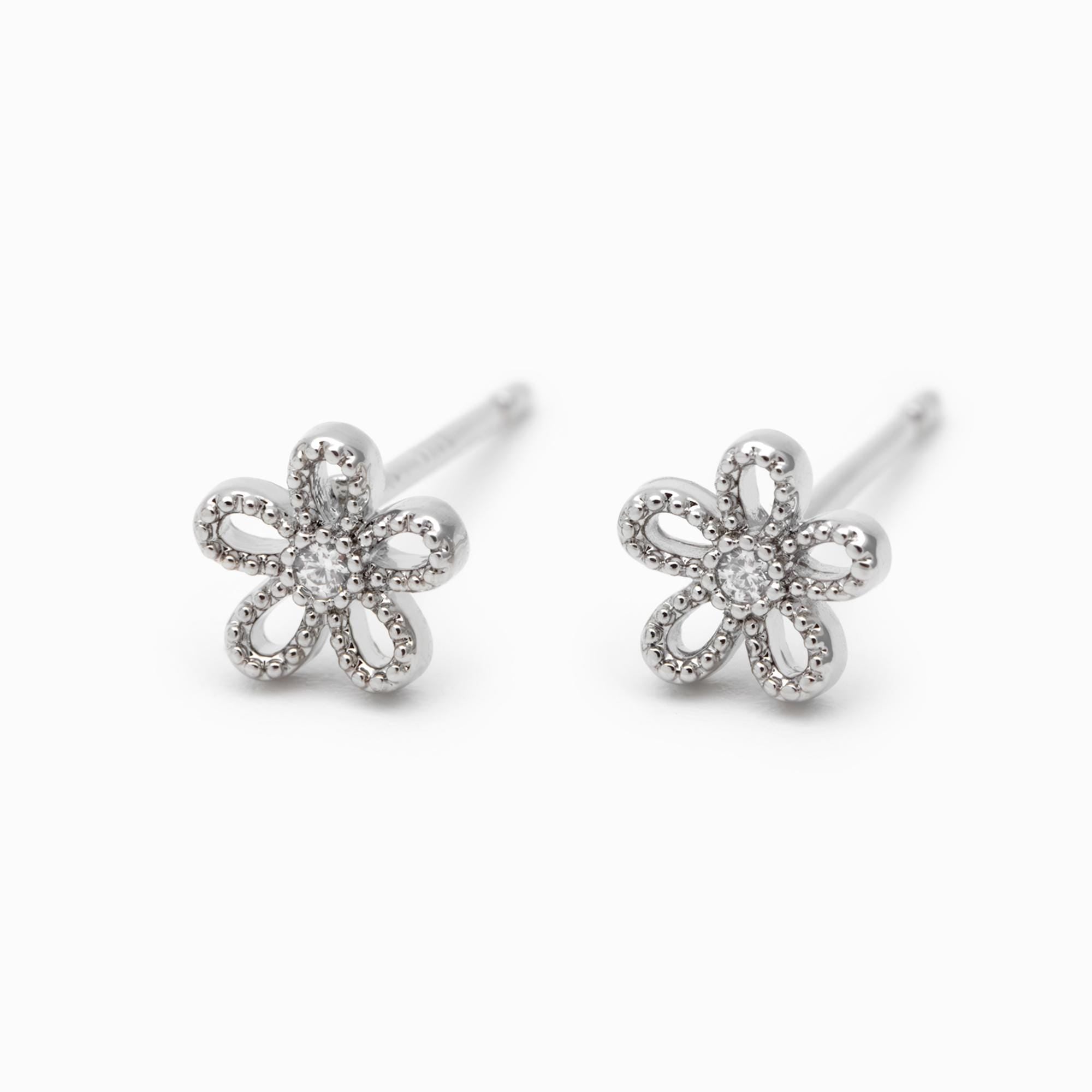 10pcs CZ Pave Gold/ Silver Flower Ear Posts 6mm, Gold/ Rhodium Plated Brass Stud Earrings, DIY Ear Findings (GB-3381-D)